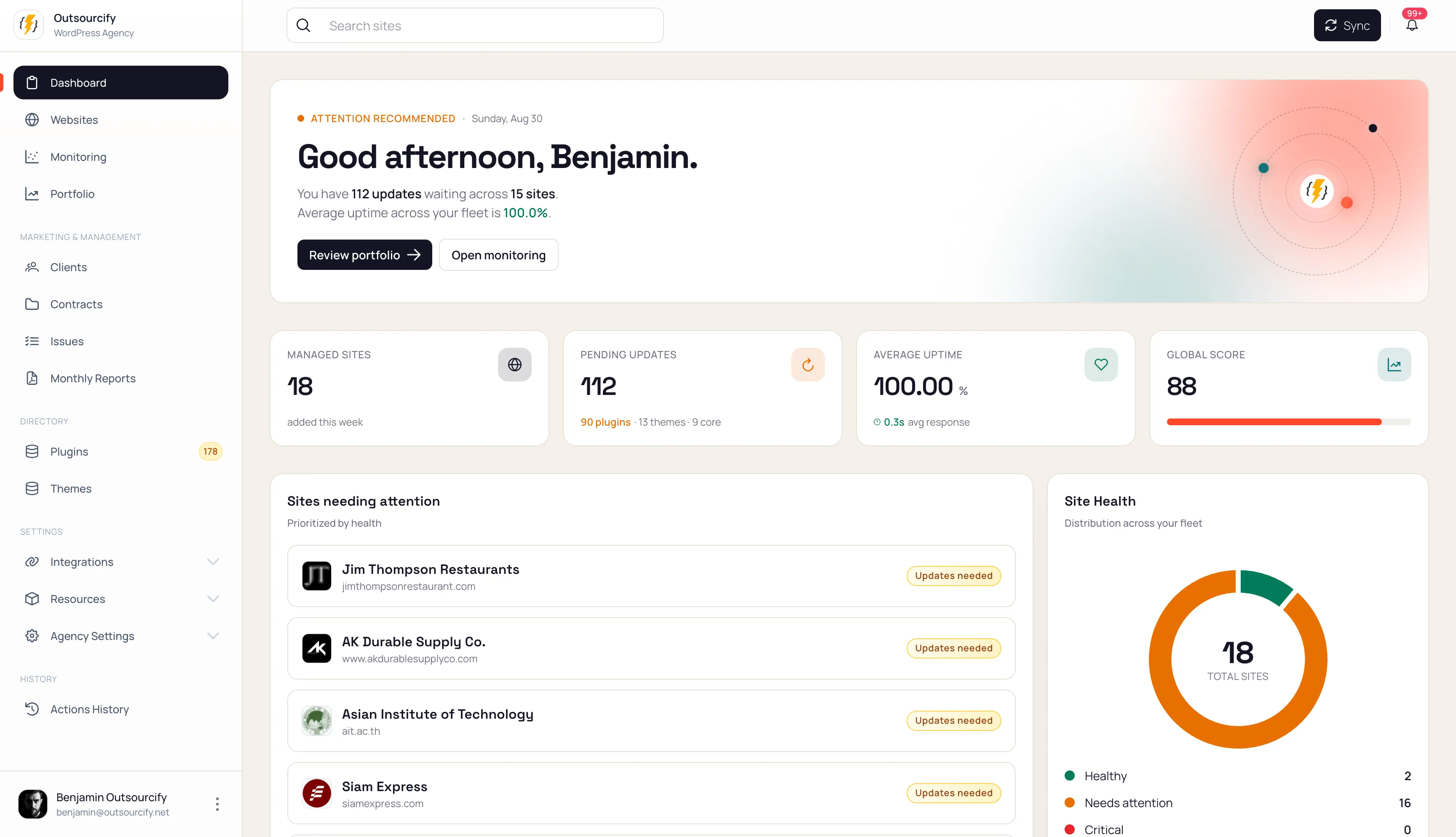 Orbit Webmaster dashboard showing managed sites, pending updates, uptime and site health.